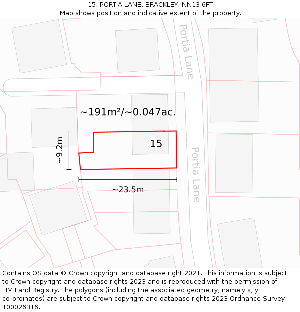 15, PORTIA LANE, BRACKLEY, NN13 6FT: Plot and title map