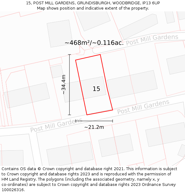 15, POST MILL GARDENS, GRUNDISBURGH, WOODBRIDGE, IP13 6UP: Plot and title map
