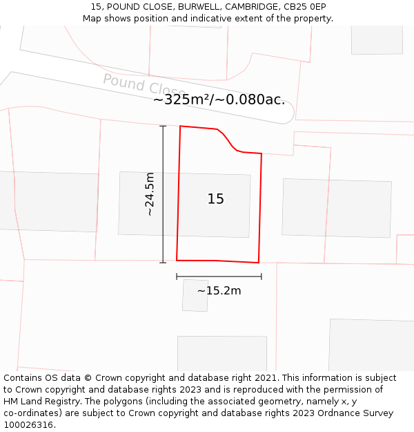 15, POUND CLOSE, BURWELL, CAMBRIDGE, CB25 0EP: Plot and title map
