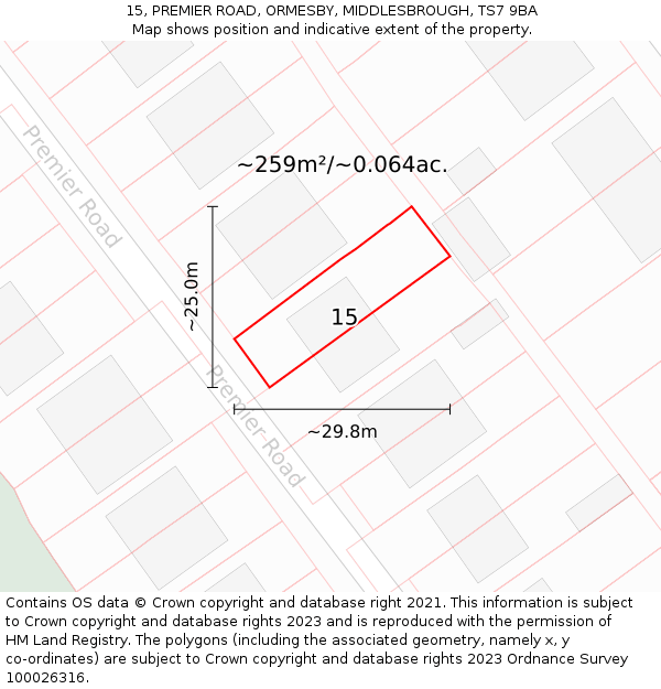 15, PREMIER ROAD, ORMESBY, MIDDLESBROUGH, TS7 9BA: Plot and title map