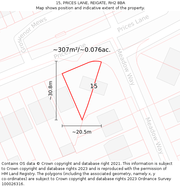 15, PRICES LANE, REIGATE, RH2 8BA: Plot and title map
