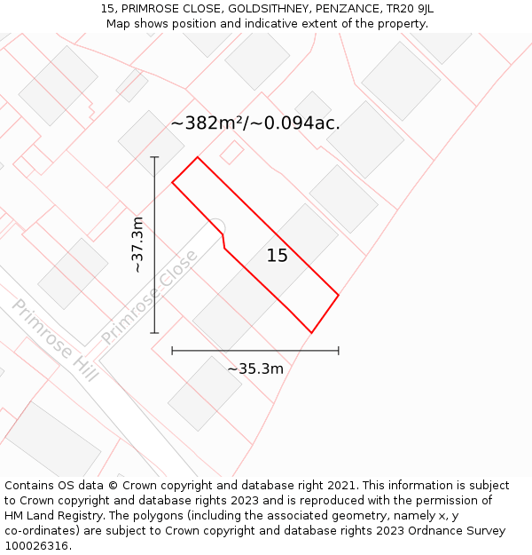 15, PRIMROSE CLOSE, GOLDSITHNEY, PENZANCE, TR20 9JL: Plot and title map
