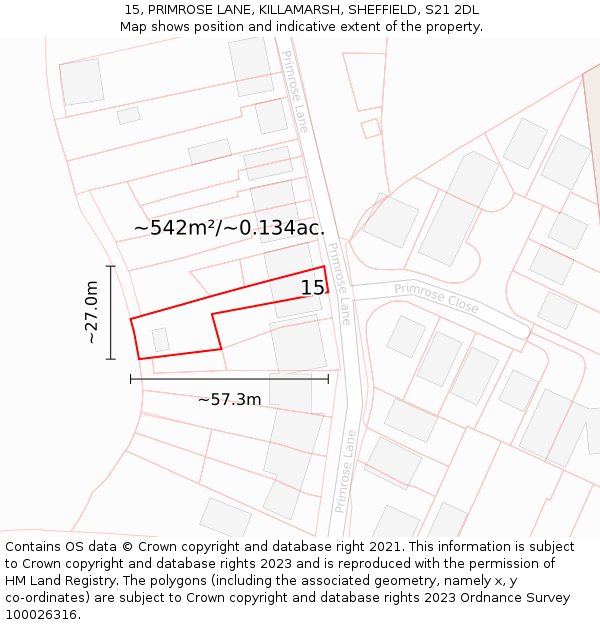 15, PRIMROSE LANE, KILLAMARSH, SHEFFIELD, S21 2DL: Plot and title map
