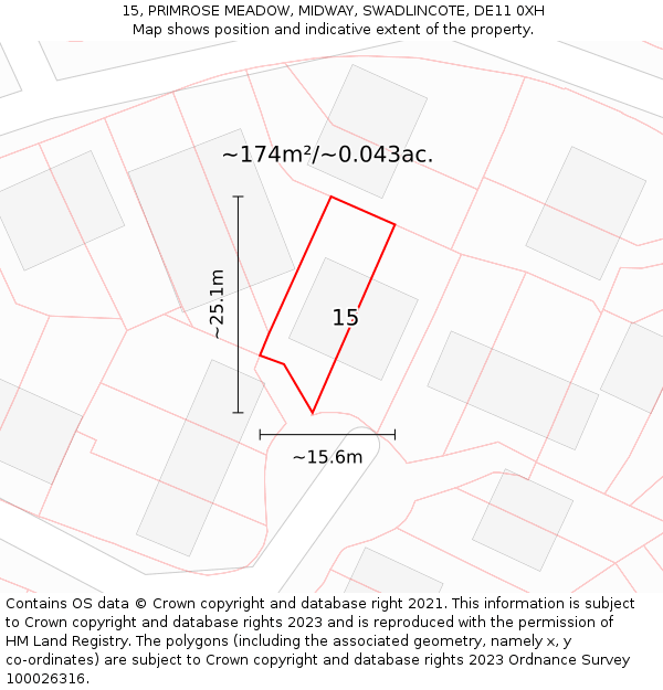 15, PRIMROSE MEADOW, MIDWAY, SWADLINCOTE, DE11 0XH: Plot and title map