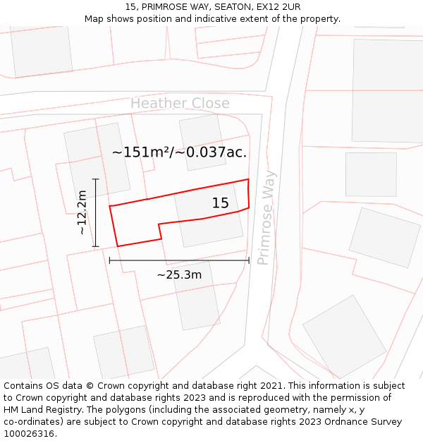 15, PRIMROSE WAY, SEATON, EX12 2UR: Plot and title map