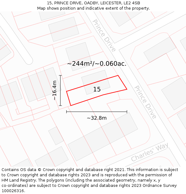 15, PRINCE DRIVE, OADBY, LEICESTER, LE2 4SB: Plot and title map
