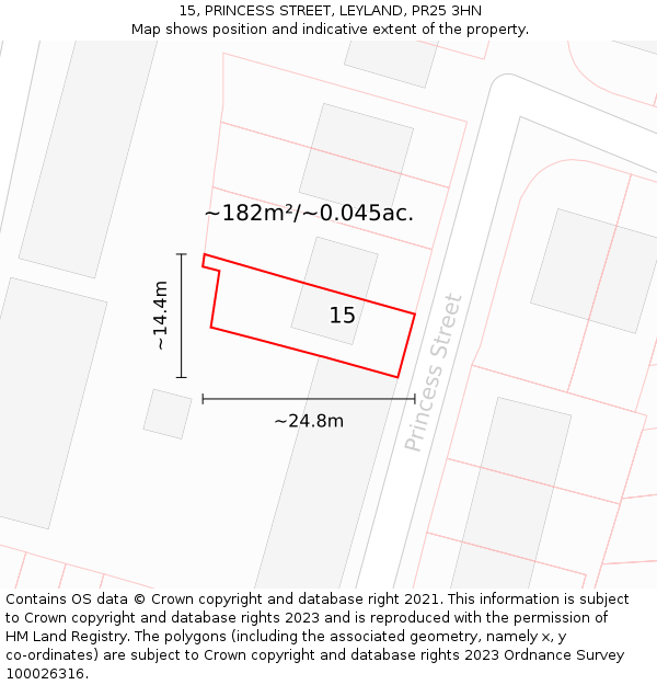 15, PRINCESS STREET, LEYLAND, PR25 3HN: Plot and title map