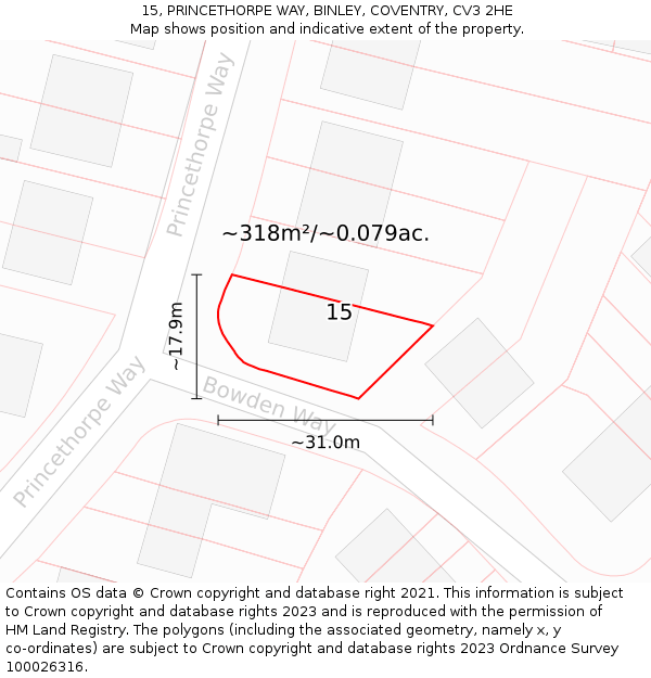 15, PRINCETHORPE WAY, BINLEY, COVENTRY, CV3 2HE: Plot and title map