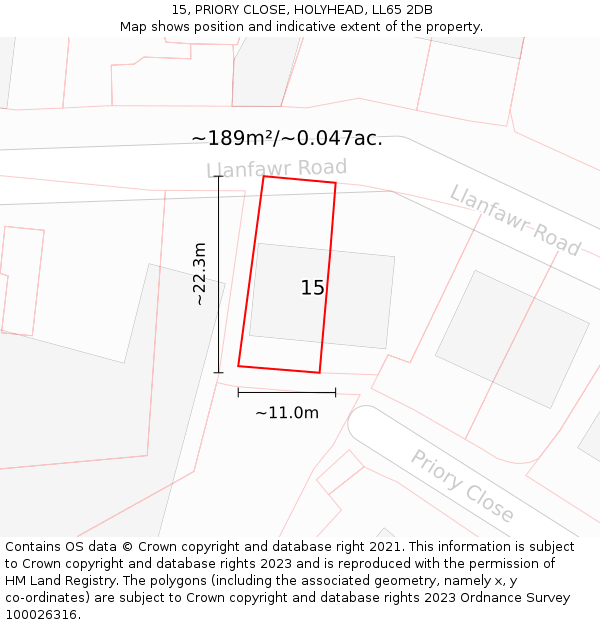 15, PRIORY CLOSE, HOLYHEAD, LL65 2DB: Plot and title map