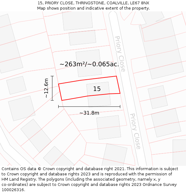 15, PRIORY CLOSE, THRINGSTONE, COALVILLE, LE67 8NX: Plot and title map