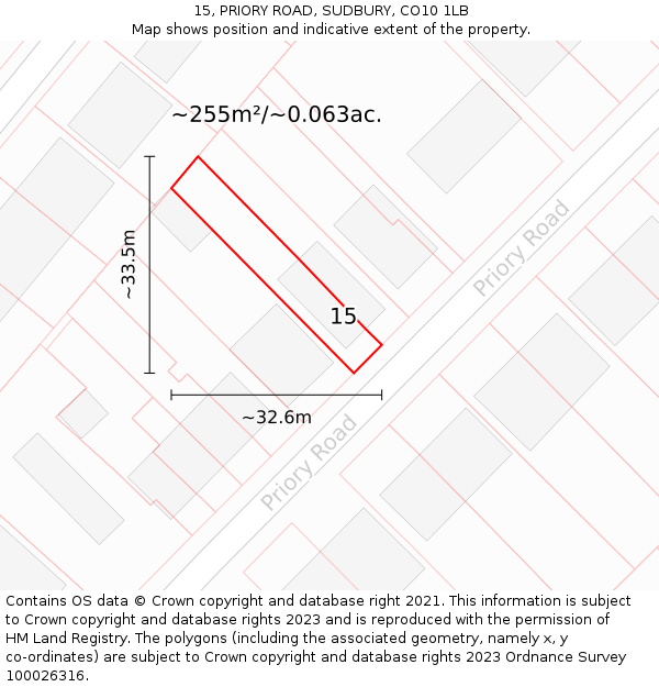 15, PRIORY ROAD, SUDBURY, CO10 1LB: Plot and title map