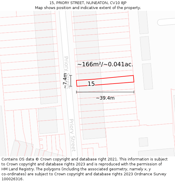 15, PRIORY STREET, NUNEATON, CV10 8JP: Plot and title map