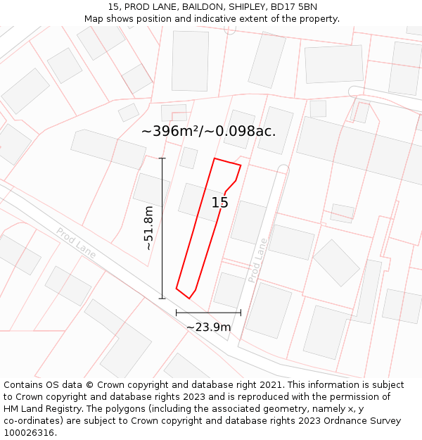 15, PROD LANE, BAILDON, SHIPLEY, BD17 5BN: Plot and title map