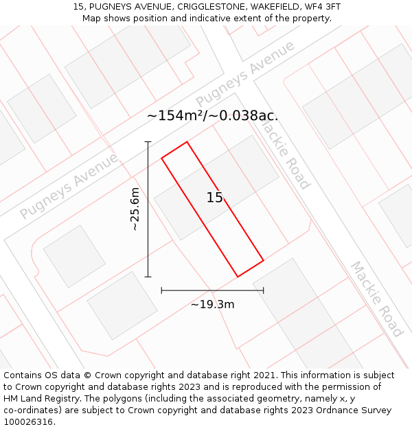 15, PUGNEYS AVENUE, CRIGGLESTONE, WAKEFIELD, WF4 3FT: Plot and title map