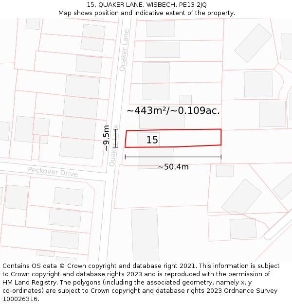 15, QUAKER LANE, WISBECH, PE13 2JQ: Plot and title map