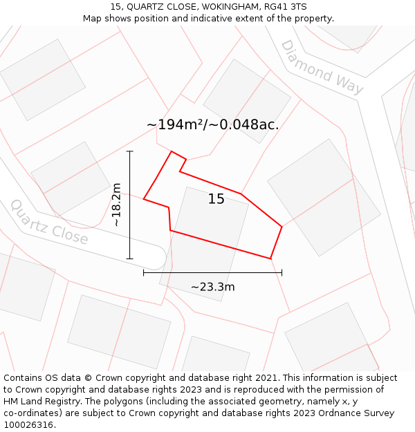 15, QUARTZ CLOSE, WOKINGHAM, RG41 3TS: Plot and title map