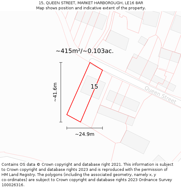 15, QUEEN STREET, MARKET HARBOROUGH, LE16 8AR: Plot and title map