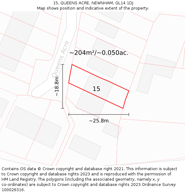 15, QUEENS ACRE, NEWNHAM, GL14 1DJ: Plot and title map