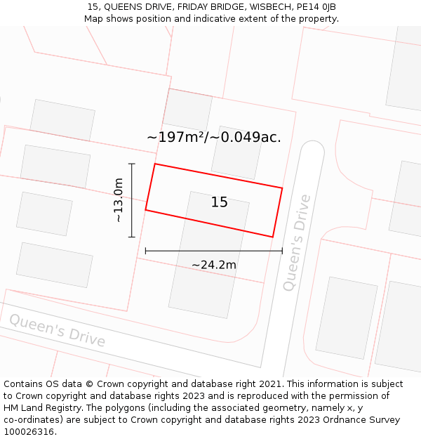15, QUEENS DRIVE, FRIDAY BRIDGE, WISBECH, PE14 0JB: Plot and title map
