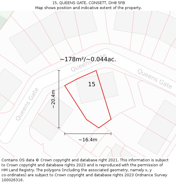 15, QUEENS GATE, CONSETT, DH8 5FB: Plot and title map