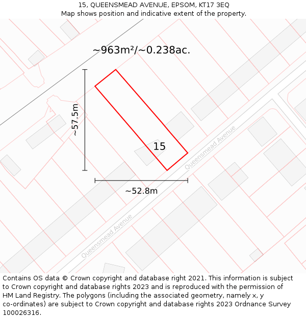 15, QUEENSMEAD AVENUE, EPSOM, KT17 3EQ: Plot and title map
