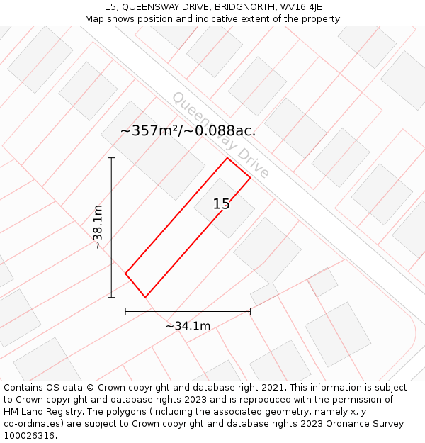 15, QUEENSWAY DRIVE, BRIDGNORTH, WV16 4JE: Plot and title map