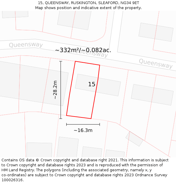 15, QUEENSWAY, RUSKINGTON, SLEAFORD, NG34 9ET: Plot and title map