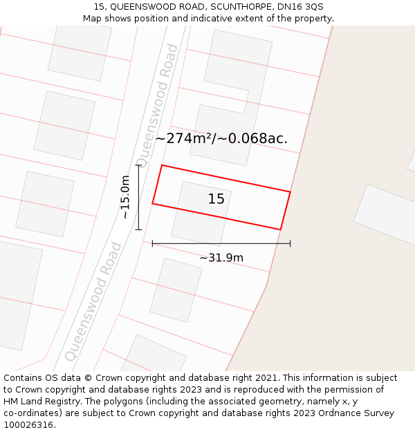 15, QUEENSWOOD ROAD, SCUNTHORPE, DN16 3QS: Plot and title map