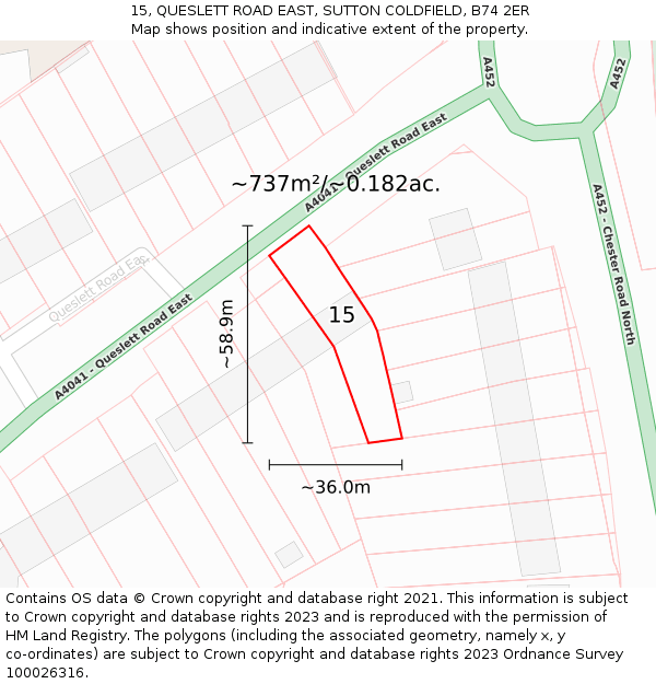 15, QUESLETT ROAD EAST, SUTTON COLDFIELD, B74 2ER: Plot and title map