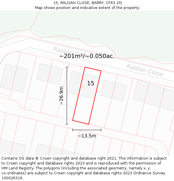 15, RALDAN CLOSE, BARRY, CF63 1PJ: Plot and title map