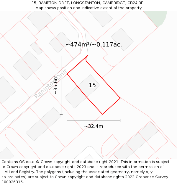 15, RAMPTON DRIFT, LONGSTANTON, CAMBRIDGE, CB24 3EH: Plot and title map