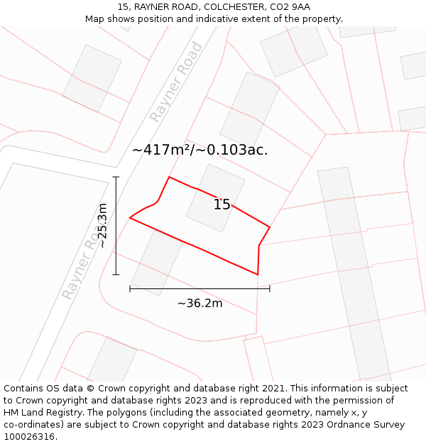 15, RAYNER ROAD, COLCHESTER, CO2 9AA: Plot and title map