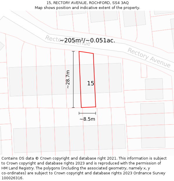 15, RECTORY AVENUE, ROCHFORD, SS4 3AQ: Plot and title map