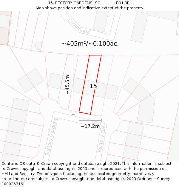 15, RECTORY GARDENS, SOLIHULL, B91 3RL: Plot and title map