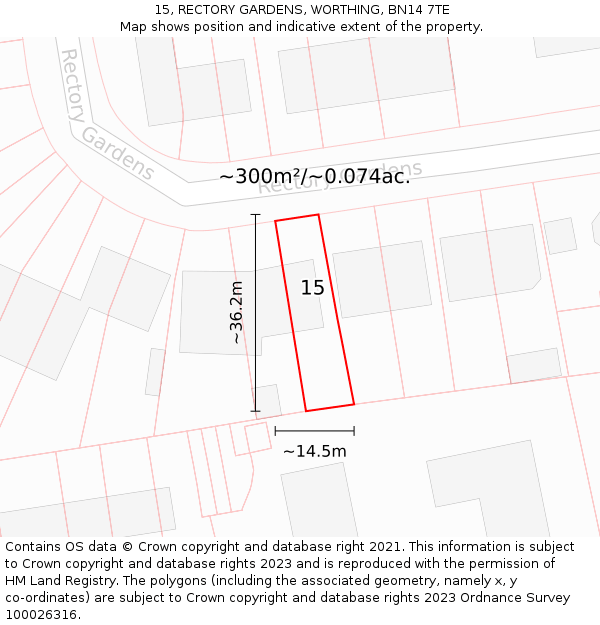 15, RECTORY GARDENS, WORTHING, BN14 7TE: Plot and title map