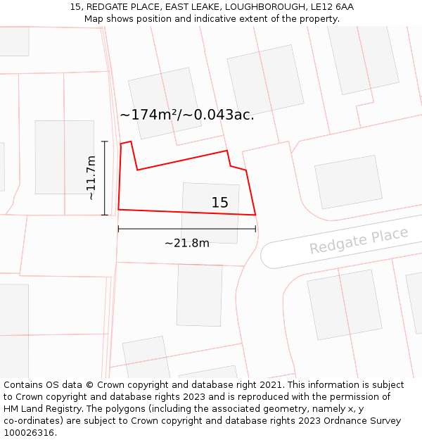 15, REDGATE PLACE, EAST LEAKE, LOUGHBOROUGH, LE12 6AA: Plot and title map