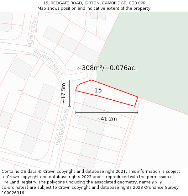15, REDGATE ROAD, GIRTON, CAMBRIDGE, CB3 0PP: Plot and title map