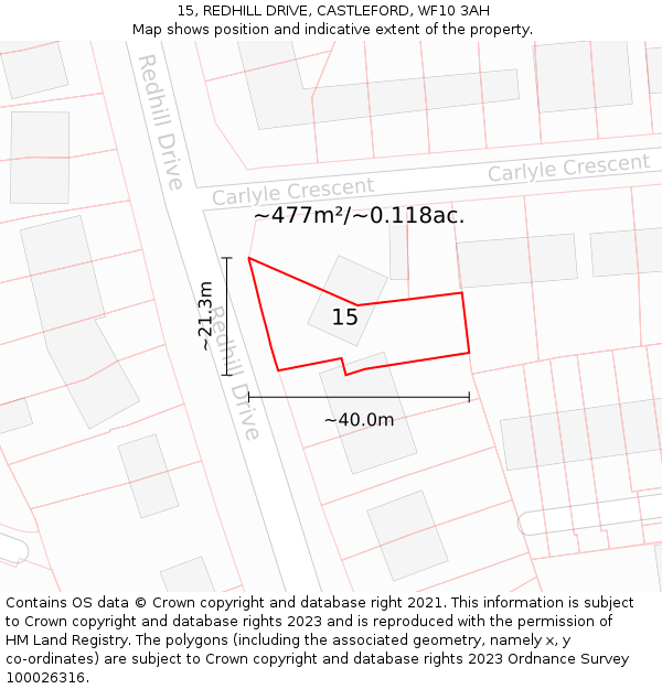 15, REDHILL DRIVE, CASTLEFORD, WF10 3AH: Plot and title map