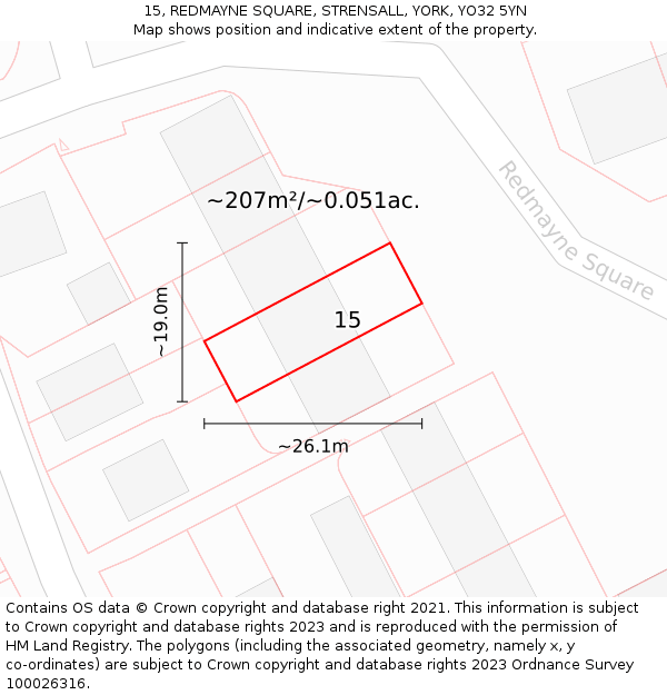 15, REDMAYNE SQUARE, STRENSALL, YORK, YO32 5YN: Plot and title map