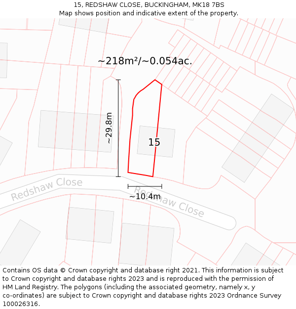 15, REDSHAW CLOSE, BUCKINGHAM, MK18 7BS: Plot and title map