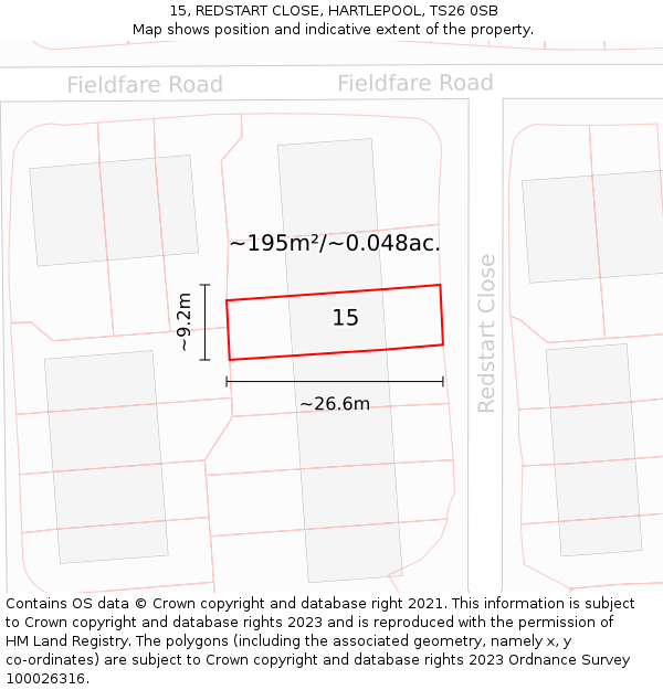 15, REDSTART CLOSE, HARTLEPOOL, TS26 0SB: Plot and title map