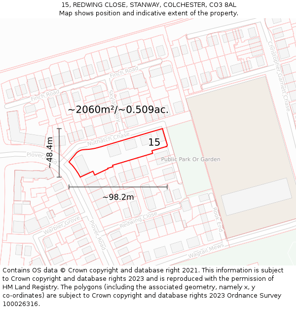 15, REDWING CLOSE, STANWAY, COLCHESTER, CO3 8AL: Plot and title map