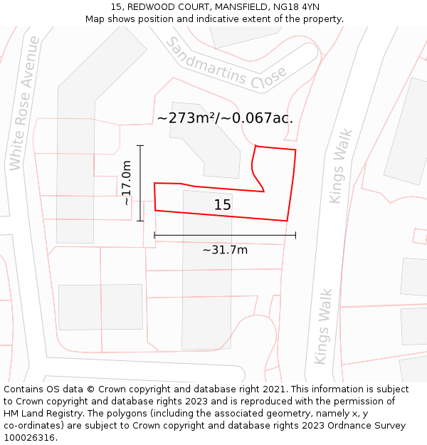15, REDWOOD COURT, MANSFIELD, NG18 4YN: Plot and title map