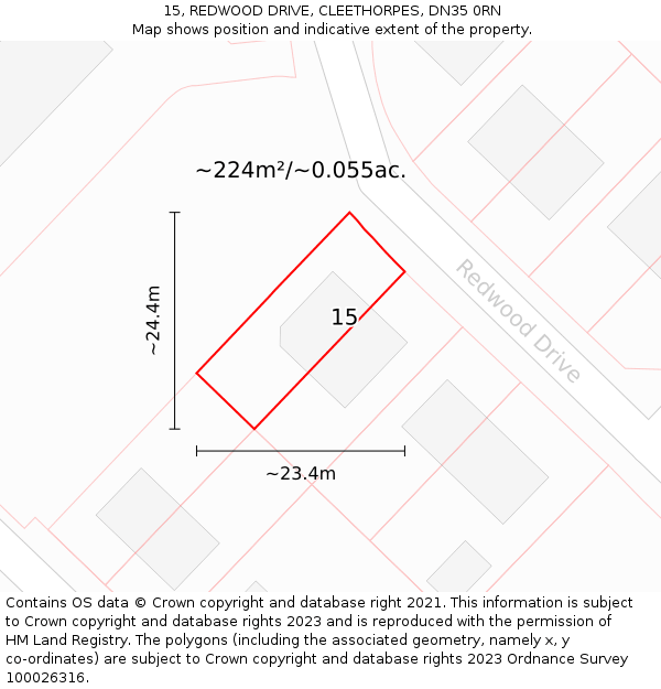 15, REDWOOD DRIVE, CLEETHORPES, DN35 0RN: Plot and title map