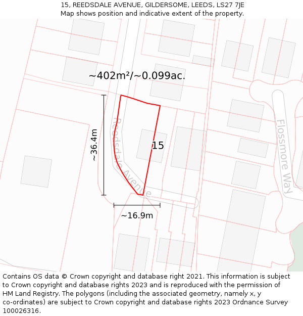 15, REEDSDALE AVENUE, GILDERSOME, LEEDS, LS27 7JE: Plot and title map
