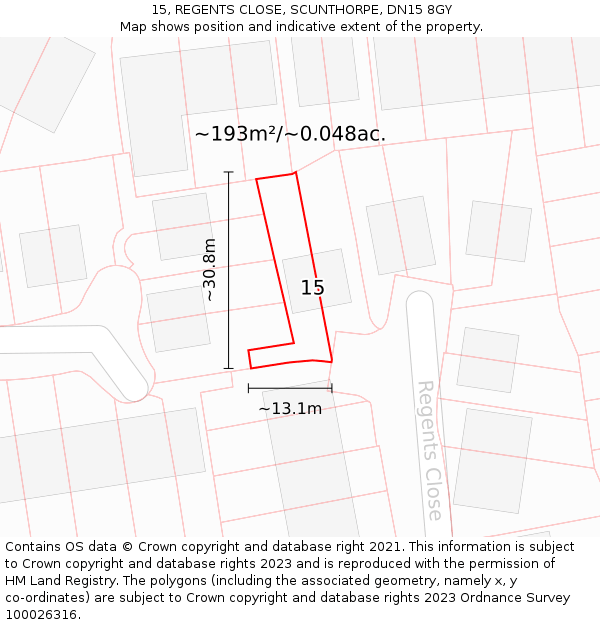 15, REGENTS CLOSE, SCUNTHORPE, DN15 8GY: Plot and title map