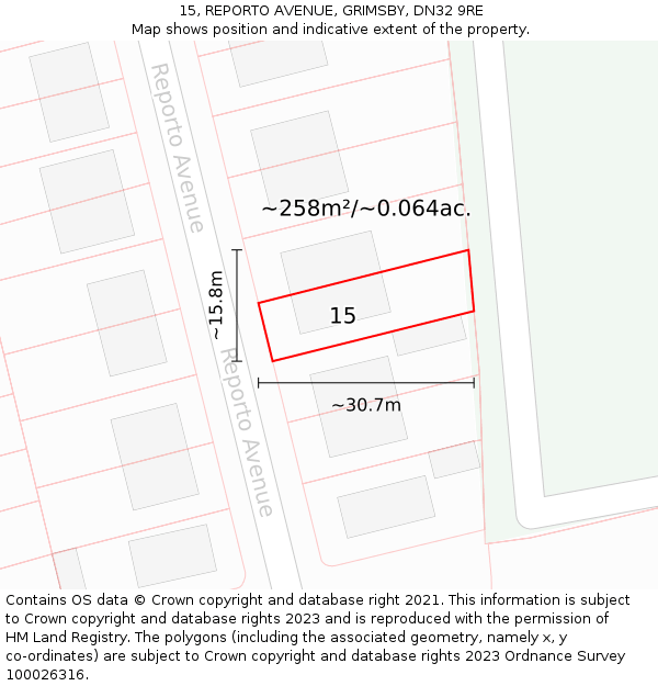 15, REPORTO AVENUE, GRIMSBY, DN32 9RE: Plot and title map