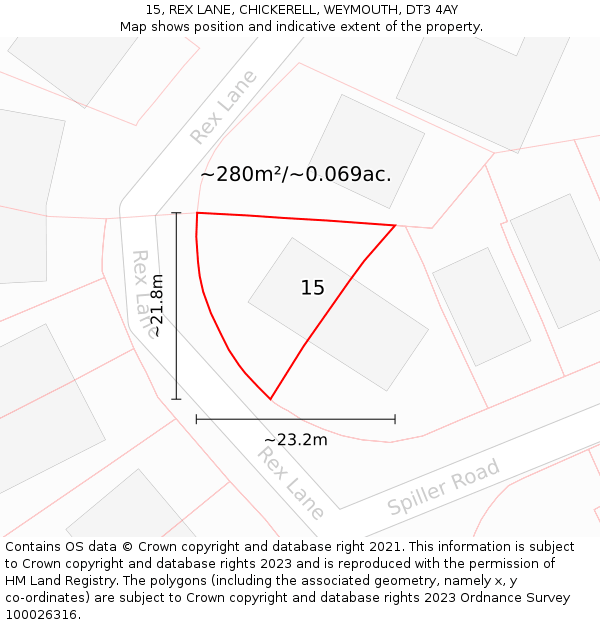 15, REX LANE, CHICKERELL, WEYMOUTH, DT3 4AY: Plot and title map