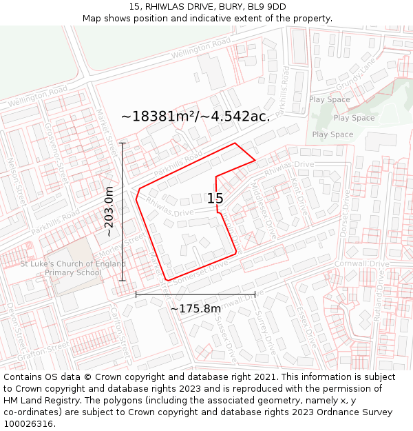 15, RHIWLAS DRIVE, BURY, BL9 9DD: Plot and title map