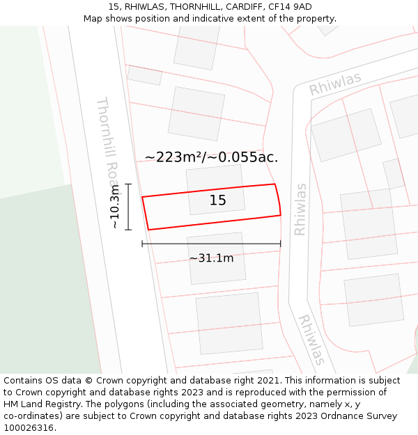 15, RHIWLAS, THORNHILL, CARDIFF, CF14 9AD: Plot and title map